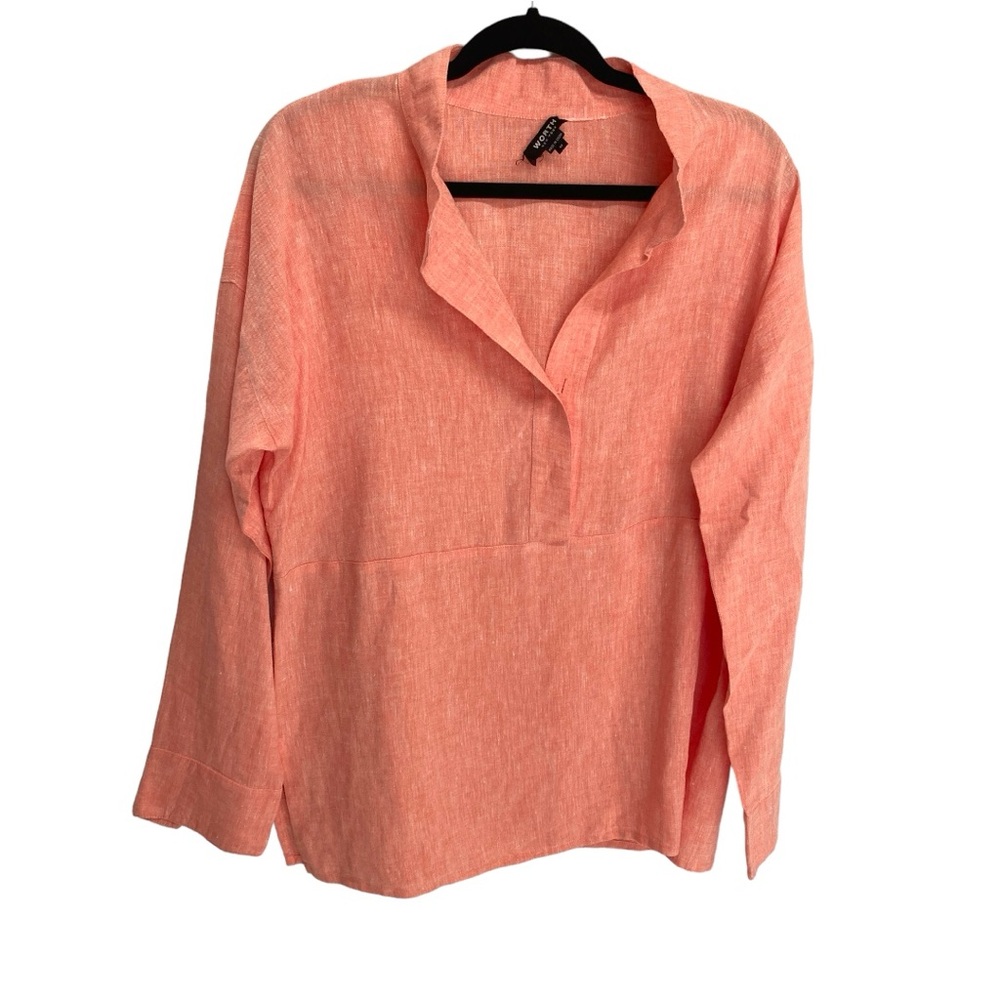 Worth Blouse 100% Linen Heathered Orange Creamsicle Long Sleeve Relaxed Large